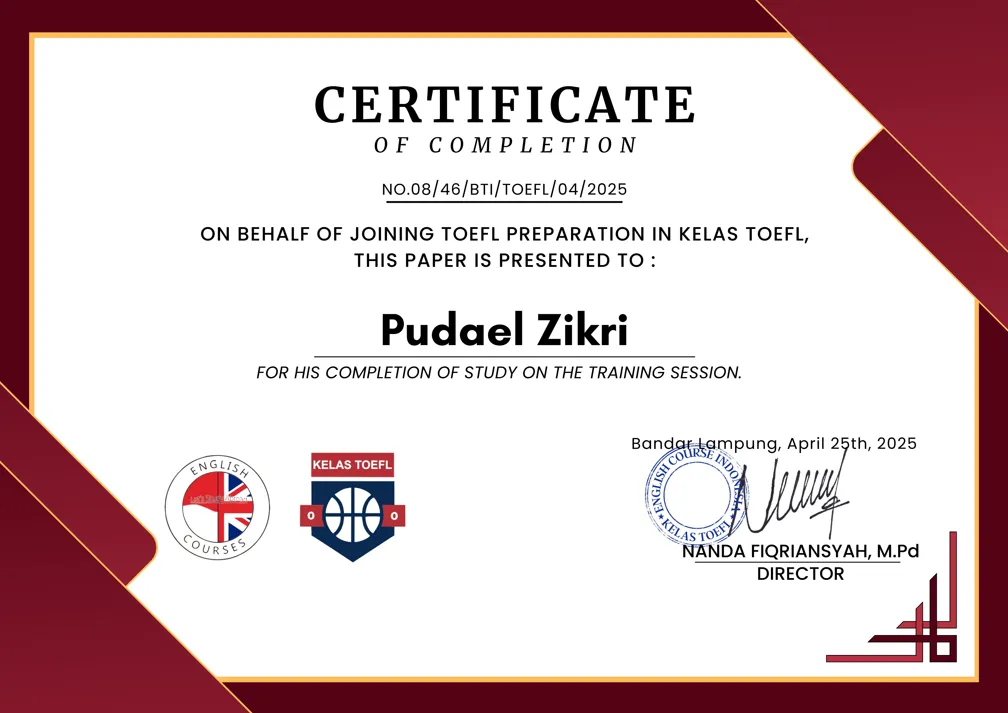 TOEFL Preparation Completion Certificate